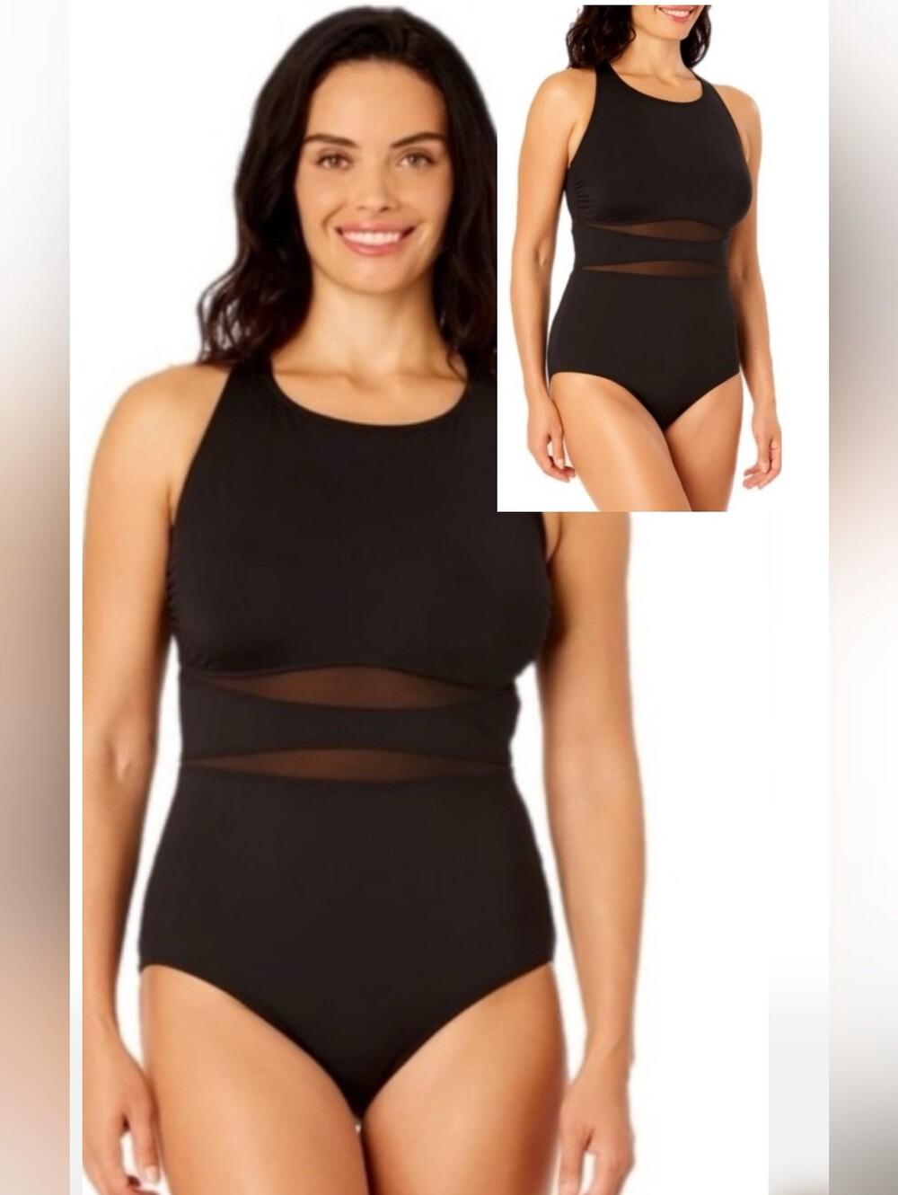 Lands' End Black Sz L NWT Mesh-Panel One-Piece Swimsuit